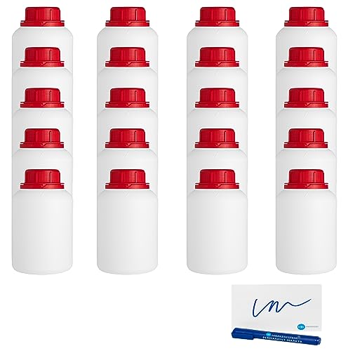 MARKESYSTEM - Botella blanca 500 ML (PACK 20 UDS) de Polietileno de alta densidad, cierre rosca boca ancha - Líquidos, Cosmética, Químicos + Kit Etiquetado