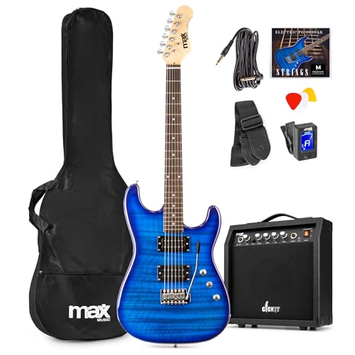 Max GigKit Pack de guitarra electrica Quilted para iniciación con amplificador de guitarra de 40W, afinador digital, correa, funda de guitarra y juego de cuerdas de repuesto - Color azul oscuro