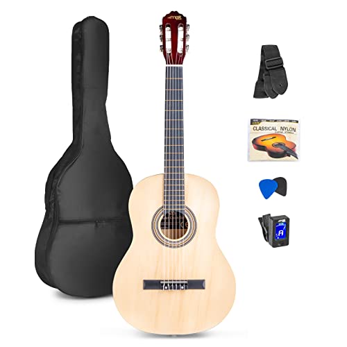 MAX SoloArt Guitarra clasica con cuerdas de nailon para Principiantes Adultos - guitarra flamenca con Funda, Afinador, Púa, Correa y Accesorios - Guitarra Española 4/4 en Madera Natural