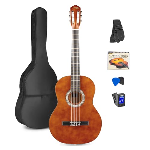 MAX SoloArt Guitarra clasica con cuerdas de nailon para Principiantes Adultos - guitarra flamenca con Funda, Afinador, Púa, Correa y Accesorios Guitarra Española 4/4 en Madera Natural Oscura