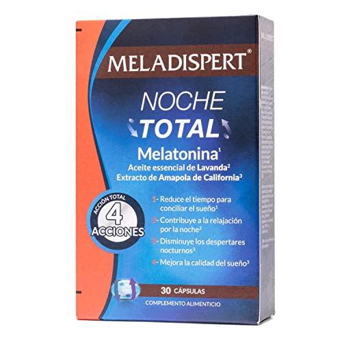 MELADISPERT NOCHE TOTAL Melatonina Aceite esencial de Lavanda Extracto de Amapola de California, Acción total 4 acciones para mejorar la calidad del sueño, 30 cápsulas de pequeño formato