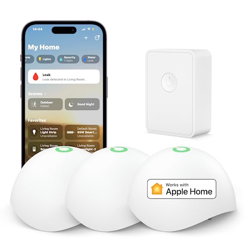 Meross Detector de Agua Inteligente, Sensor Fugas de Agua WiFi, Kit de Alarma de Agua, Mini Detector de Agua para Cocina, baño y Sótano, Compatible con Apple HomeKit (HUB Incluida), Paquete de 3