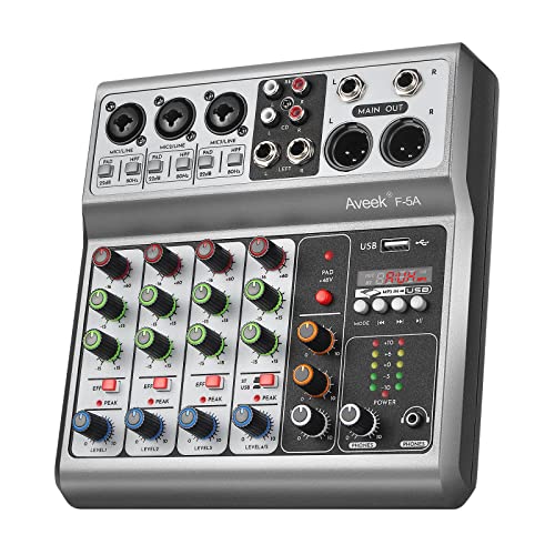Mezclador de audio profesional Aveek, Sound Board Mixing Console with Bluetooth USB digital de 5 canales, entrada 48V Phantom Power Mezcladores de DJ estéreo para grabación