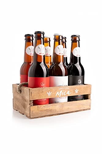 MiCA – Pack Degustación 6 Cervezas Artesanales – Caja Regalo Madera - 2 Blonde Ale Premium, 2 Ipa y 2 Ale - botellas 33 cl