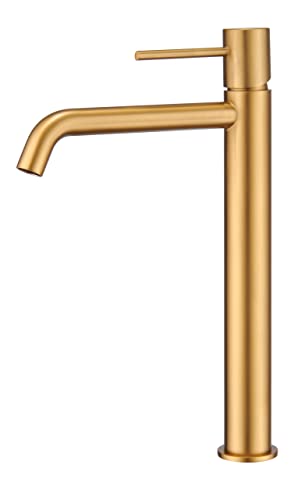 MICE - Grifo monomando de lavabo caño alto fabricado en latón - Griferia baño Oro Cepillado - grifos altos de lavabo color dorado