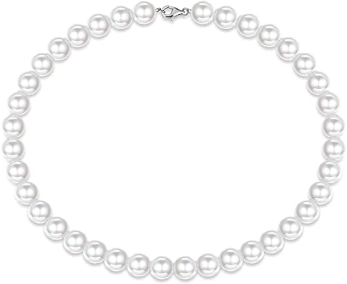 MILACOLATO Collar de Perlas de Plata de ley Para Hombres, Collar de Perlas de Concha Simulada Redonda Blanca, Collar de Gargantilla Para Mujeres y Niñas, 6-10 mm