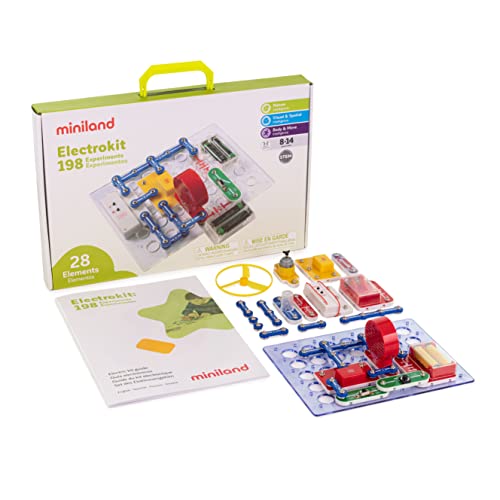 Miniland-Electrokit 198 Experimentos Kit de construcción de circuitos electrónicos para niños, incluye 1 placa y 29 elementos (99116)