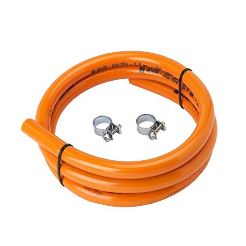 MIRTUX Tubo de Goma para Gas Butano de 1,3 Metros de Largo e Interior de 0'9 cm. Incluye 2 Arandelas para la instalación. Color Naranja.