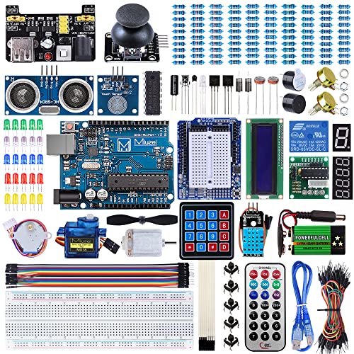 Miuzei Starter Kit for Arduino Projects with R3 Board,Tutoría en Español,Breadboard, Servo, 9V 1A Power Supply, sensors, Leds,Electronica Set