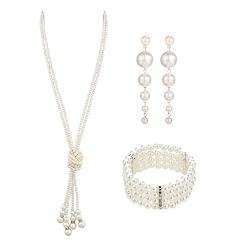 MIVAIUN 3 Piezas Juego de Joyas de Perlas de Plástico Perlas de Los Años 20 Pendientes de Perlas Pulsera de Perlas Collar de Perlas de los años 20 Joyería de Perlas para Mujer (3 Piezas)