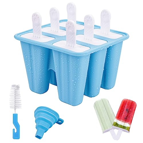 Moldes de Helado, 6 Cavidades Molde de Paleta de Silicona Sin BPA, Juego de Moldes para Polos, DIY Popsicle Mold con 1 Plegable Embudo y 1 cepillo de limpieza - Azul