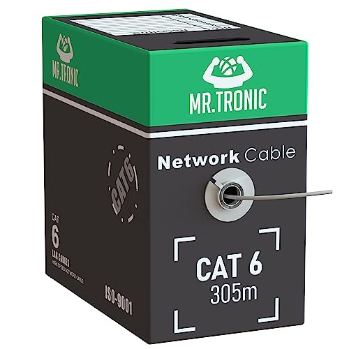 Mr. Tronic Granel Cable Ethernet Cat 6 De 305m, Bulk Cable de Red LAN para Internet Rápida & Fiable - AWG24 Cat6 Cable a Granel, 1 Gbps Internet Cable 250 MHz UTP CCA (305 Metros, Gris)