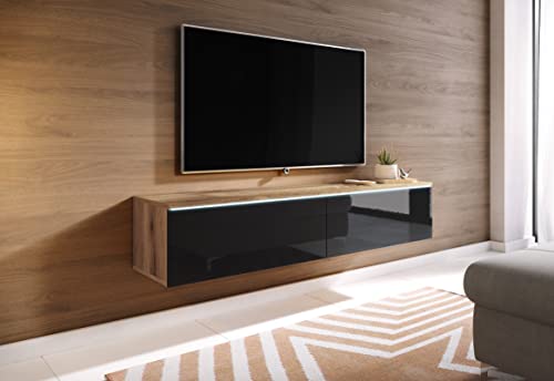 Mueble de TV Lowboard D 140/180 cm, Mueble de televisión, Mueble de TV Flotante, Color Wotan Negro, iluminación LED Opcional (con iluminación LED, 140 cm)