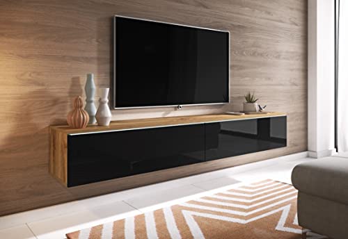 Mueble de TV Lowboard D 140/180 cm, Mueble de televisión, Mueble de TV Flotante, Color Wotan Negro, iluminación LED Opcional (con iluminación LED, 180 cm)