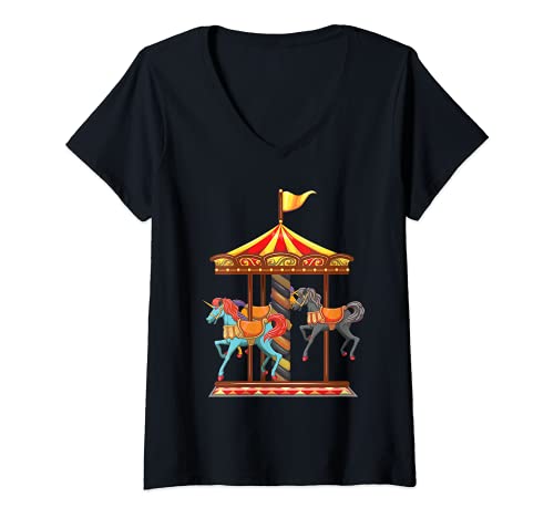 Mujer Parque de atracciones temático con caballos de carrusel para Camiseta Cuello V
