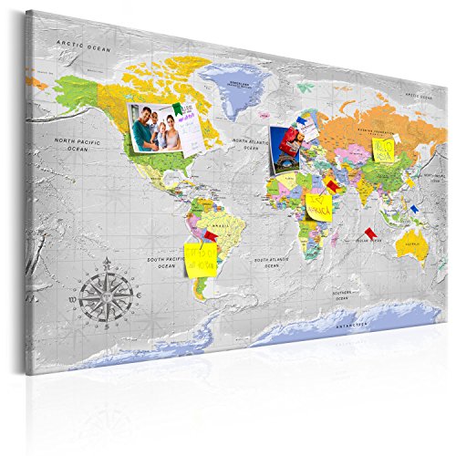 murando - Mapamundi con tablero para clavar chinchetas 120x80 cm - Cuadro en Lienzo sintético - Panel de Fibra - Mapa del Mundo Continente - k-A-0132-v-a