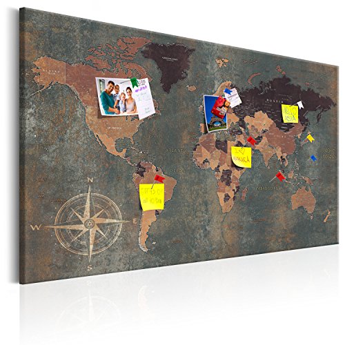 murando - Mapamundi con tablero para clavar chinchetas 90x60 cm - Cuadro en Lienzo sintético - 1 parte - Panel de Fibra - Mapa del Mundo Continente - viajes geografia k-A-0057-v-b