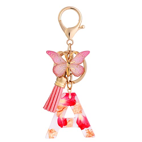 MWOOT Llavero Letra Inicial Alfabeto con Colgante de Borla de Mariposa, Alphabet Initial Letter Keychain Kit, Rosa Resina Llavero Encanto para Mujeres Chicas Bolso Equipaje Viaje Decoración