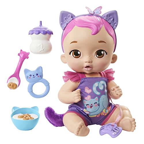 My Garden Baby Gatito Come y se acurruca Orejas moradas Muñeca bebé de juguete con sonidos, ojos se abren y cierran, incluye +5 accesorios, regalo +18 meses (Mattel HHP28)