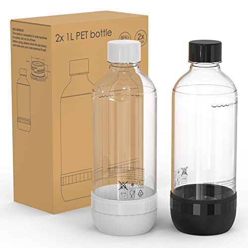 Mycket Botellas para hacer refrescos, botellas de carbonatación, botellas de agua con gas de PET reutilizables sin BPA para máquina de refrescos, paquete de 2, blanco y negro