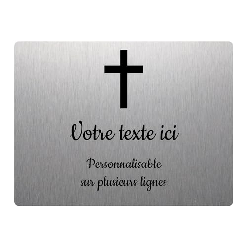 Mygoodprice Placa grabada para funerario, diseño de cruz cristiana autoadhesiva, 20 x 15 cm, personalizada de 1 a 3 líneas de aluminio cepillado