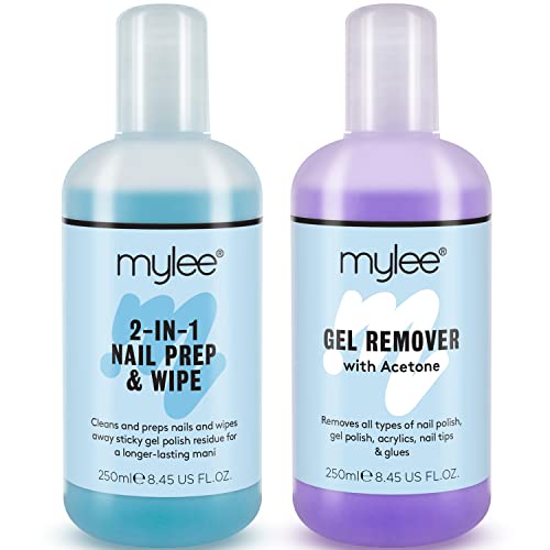 Mylee Toallita Prep & Wipe de Gel Limpiador de Uñas + Acetona Limpiadora y Removedora de Manicura UV LED de 2X250ml