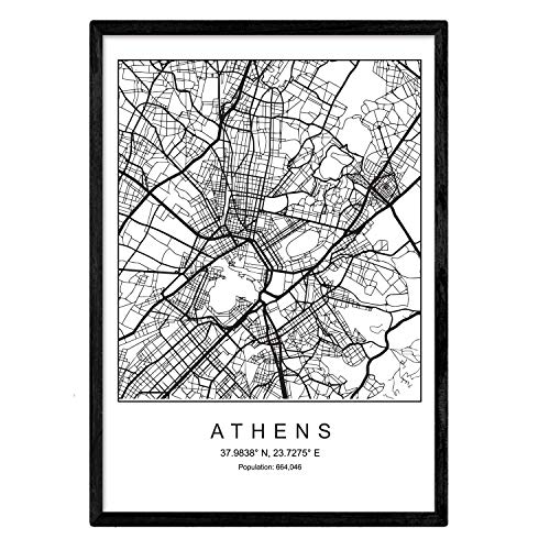Nacnic - Poster Ciudad Atenas Grecia - Lámina Decorativa Nórdica Blanco y Negro - Cuadro Artístico con Mapa, Plano, Calles - Salón, Dormitorio, Pasillo