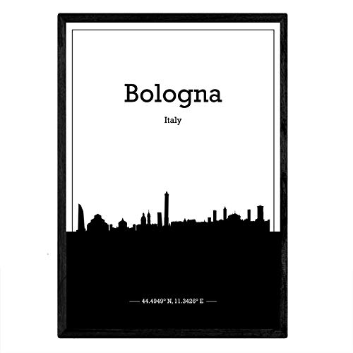 Nacnic Poster con Mapa de Bologna - Italia. Láminas con Skyline de Ciudades de Italia con Sombra Negra. Tamaño A3