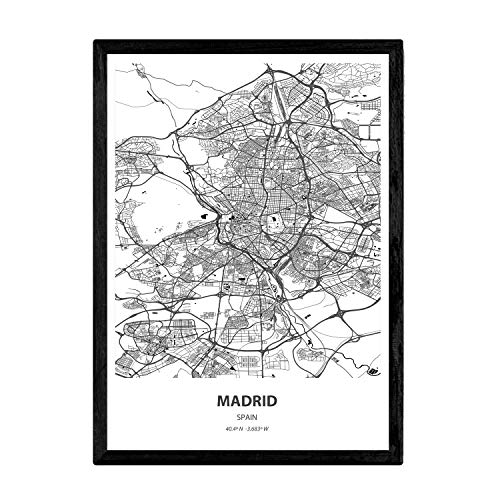 Nacnic Poster con mapa de Madrid - España. Láminas de ciudades de España con mares y ríos en color negro. Tamaño A4 con marco