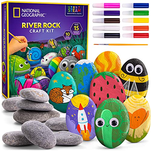 NATIONAL GEOGRAPHIC Kit de Pintura de Piedras: Kit de Arte y Manualidades para Niños, Pinte y Decore 15 Piedras de Río con 10 Colores, Juguetes para Exteriores, Kit de Actividades para Niños