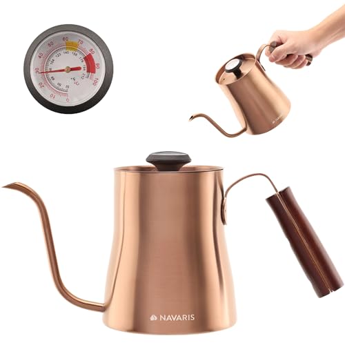 Navaris Hervidor de Agua para café - Tetera de 1 L para hervir Agua con termómetro y Tapa - Calentador de Acero Inoxidable con Mango de Madera - Color Cobre