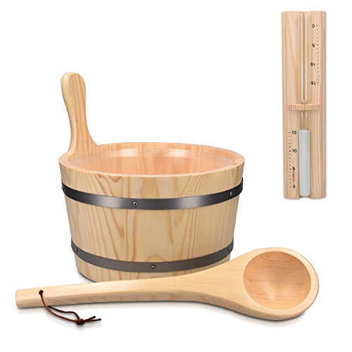 Navaris Juego de accesorios de madera para sauna - Kit de 1x cubo de 5 l 1x cuchara 1x recipiente y 1x reloj de arena - Set apto para baño de vapor