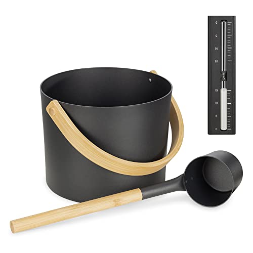 Navaris Kit para sauna - Juego de cubo de 5 l con cuchara y reloj de arena - Set completo para baño de vapor relajante - De bambú y aluminio negro