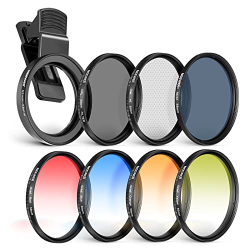 NEEWER Kit de filtro de objetivo de 58 mm con clip para objetivo móvil, CPL, ND32, filtro de estrella de 6 puntos, filtro degradado (4 colores), compatible con cámaras iPhone 15, 14 Pro Max 13, 12, 11