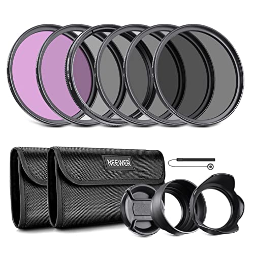 NEEWER Kit de Filtros de Lente de 52mm: UV, CPL, FLD, ND2, ND4, ND8, Parasol y Tapa de Lente Compatible con Canon Nikon Sony Panasonic DSLR Cámaras con Lente de 52mm