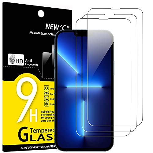 NEW'C 3 Piezas, Protector Pantalla para iPhone 14, 13, 13 Pro (6,1"), Cristal templado Antiarañazos, Antihuellas, Sin Burbujas, Dureza 9H, 0.33 mm Ultra Transparente, Ultra Resistente