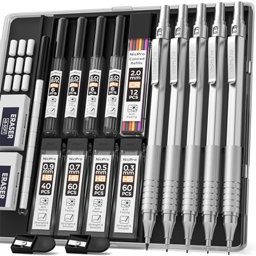 Nicpro 5 lápices mecánicos artísticos, lápices de dibujo de metal de 0.3 y 0.5 y 0.7 y 0.9 y 2 mm