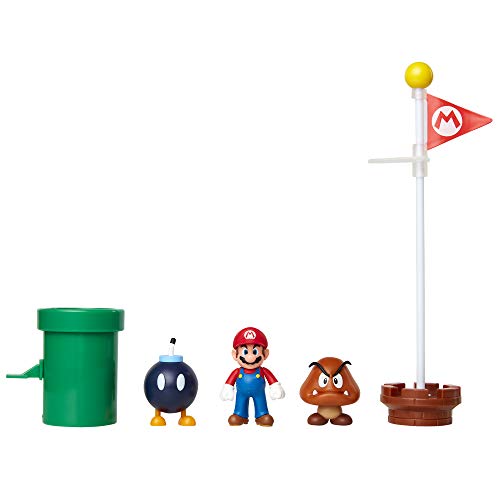Nintendo Super Mario – Diorama Dehesa Bellotera con 3 Figuras 6 cm y 2 Accesorios Accionables – La Bandera y la Tubería son Accionables – Juguete para Niños 3 años +