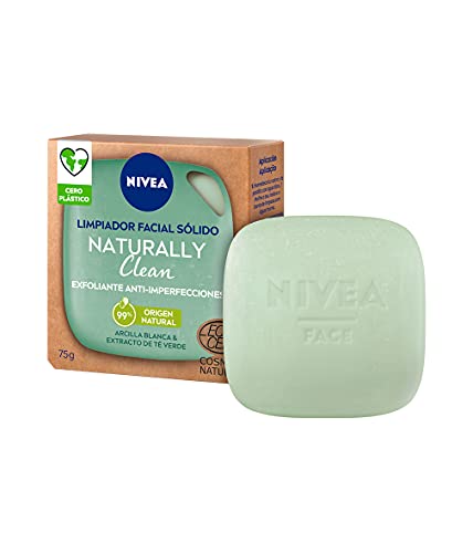 NIVEA Naturally Clean Exfoliante Facial Sólido Anti-imperfecciones (1 x 75 g), limpiador facial 99% de origen natural, pastilla limpiadora enriquecida con arcilla blanca