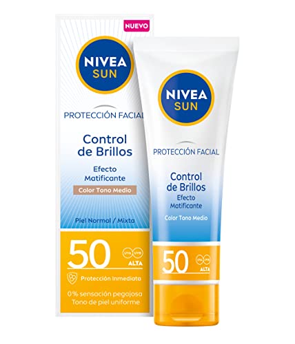 NIVEA SUN Protección Facial UV Control de Brillos FP50 (50 ml), crema solar facial con color, crema matificante con protección solar alta, crema facial para pieles normales