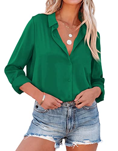 NONSAR Blusa elegante de manga larga para mujer con cuello alto, blusas de oficina, tops informales, verde, XXL