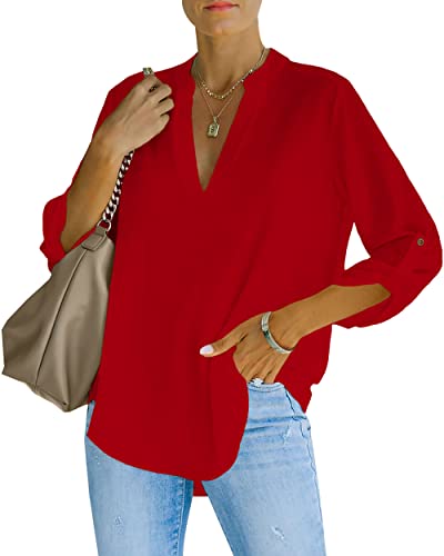 NONSAR Blusa elegante para mujer con cuello en V, blusa Henley con mangas que se pueden remangar, blusa suelta, rojo, XXL