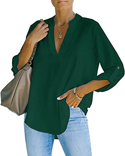 NONSAR Blusa elegante para mujer con cuello en V, blusa Henley con mangas que se pueden remangar, blusa suelta, verde oscuro, M