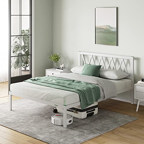 Novilla Marco de Cama de Metal con Marco de Listones de Madera para Dormitorio, Blanco, Cama de King Size