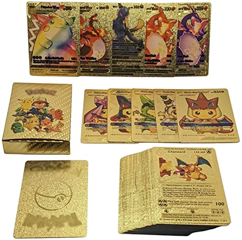 Nuevo 55 Cartas Pokem Doradas en Material PVC, Cartas en Ingles, Tarjetas Aleatoria Basic, V, Vmax, Gx,Vstar (Doradas)