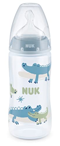 NUK First Choice+ Botella de bebé | 6 – 18 meses | Control de temperatura | Control de flujo | Válvula anticólica | 300 ml | Sin BPA | Aspiradora de silicona | Cocodrilo azul