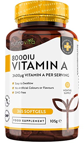 Nutravita Vitamina A 8000 UI - Suministro para 1 año - 365 cápsulas blandas de la máxima potencia, fáciles de tragar - 2400 μg de vitamina A en cada cápsula.