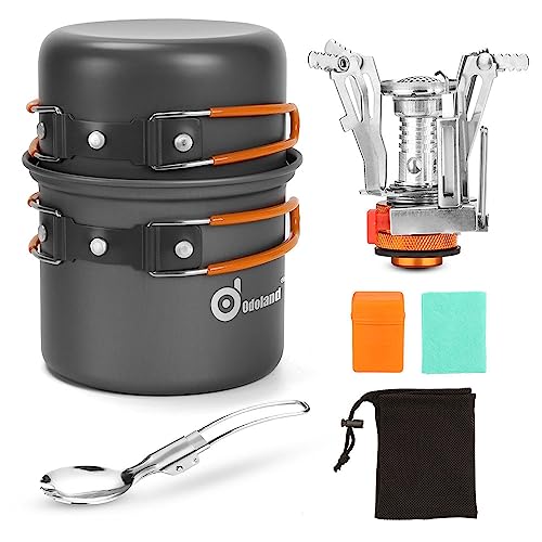 Odoland Kit de Utensilios de Cocina para Camping con Ollas y Sartén en Aluminio Anodizado, Hornillos Trekking y Cuchara Plegable, Set de Cocina para Camping Excursión Senderismo Furgonetas Emergencia