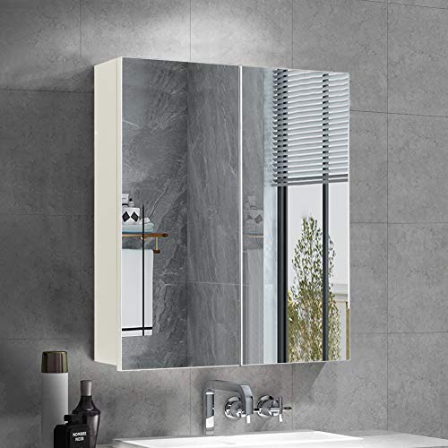 OFCASA - Armario de pared para baño con 2 puertas y espejo, armario de pared con estantes regulables ideal para el cuarto de baño o el cuarto de la ducha (50 x 60 x 15 cm)