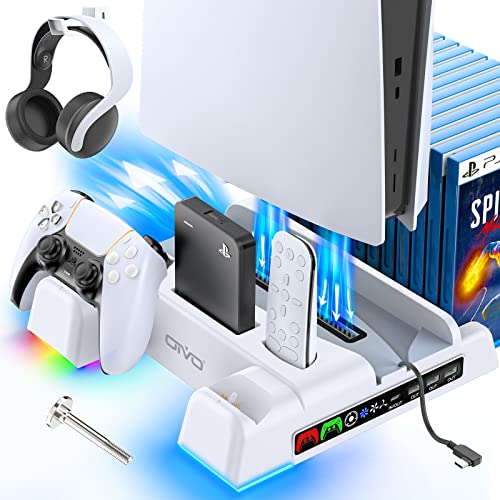 OIVO Soporte para PS5 con Ventilador de 3 Velocidades, Cargador Mando PS5 con Indicator RGB, Soporte PS5 Vertical con 3 Puertos USB y Ranuras de 14 Juegos para PS5 Consola